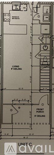 A floor plan of a living space with a living room, front porch, and a front ceiling.