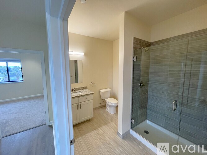 A bathroom with a walk-in shower and a toilet.
