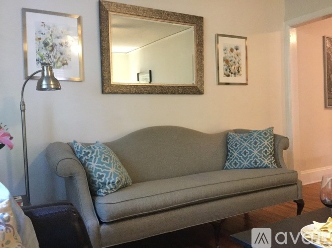 A grey couch with two patterned pillows sits in a living room.