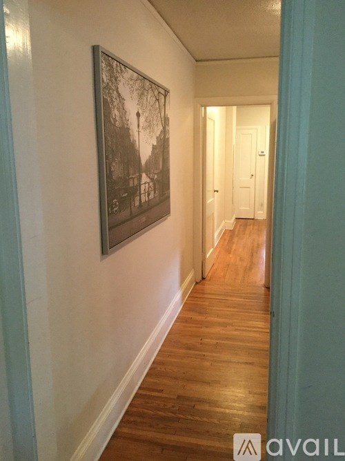 A hallway with a picture on the wall and a door at the end.