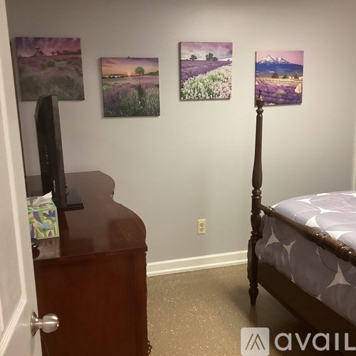 A bedroom with a bed, dresser, and three pictures on the wall.