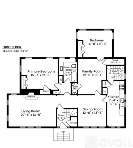 A black and white image of a first floor floor plan for a home.