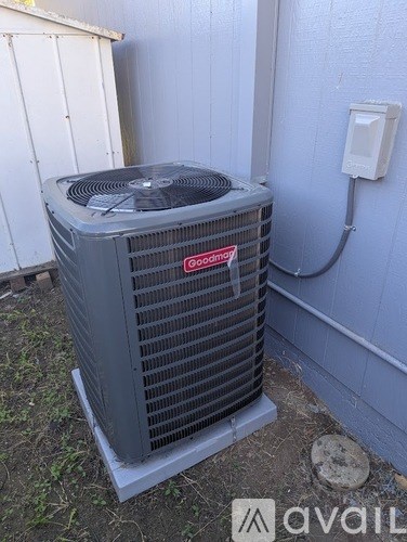 A Goodyear air conditioner unit is installed outside a building.