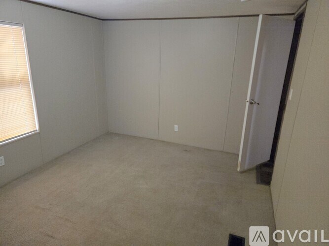 A room with a carpeted floor, a window with blinds, and a closet with a door.