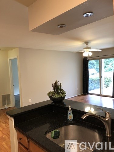 A kitchen with a black countertop and a stainless steel sink.