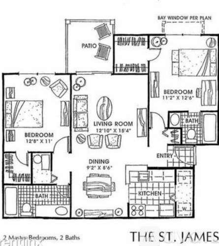 A black and white drawing of a floor plan for a two bedroom apartment.