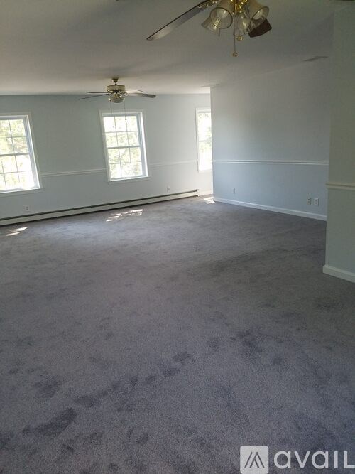 A room with a ceiling fan and two windows.