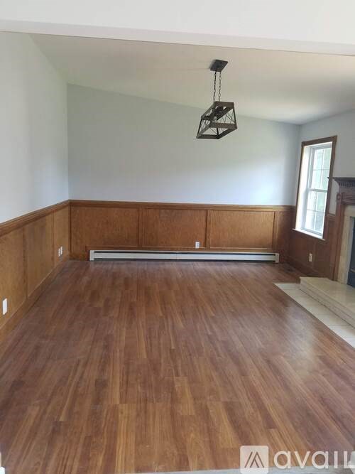 A room with wooden floors and a hanging light fixture.