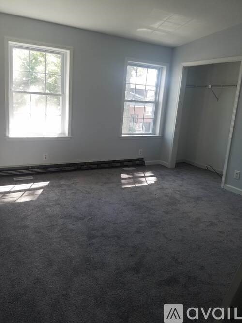 A room with grey carpet and two windows.