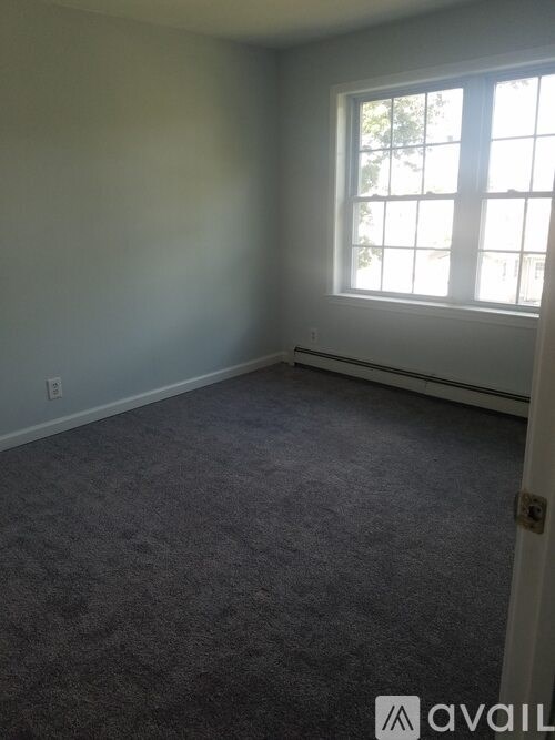 A room with a carpeted floor and a window.