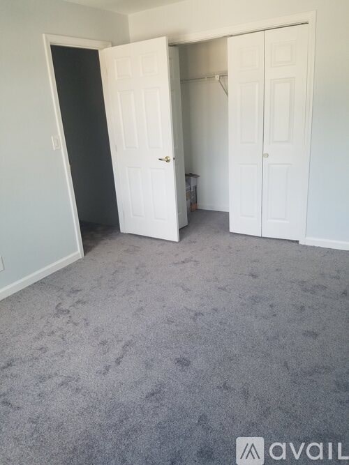 A room with a carpeted floor and three doors.
