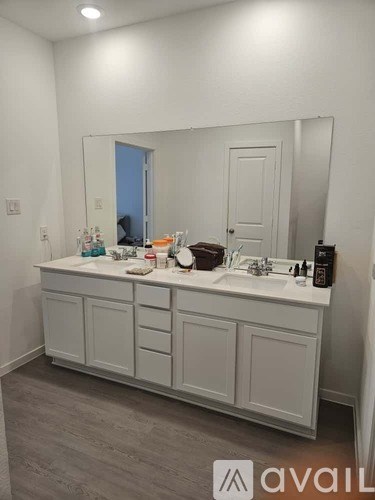 A bathroom with a white vanity and a large mirror.