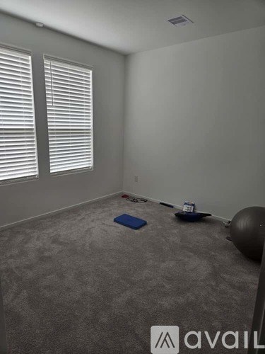 A room with a carpet, a mattress, and a ball.