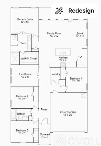 A floor plan for a home with a redesign, showing the layout of the rooms and their dimensions.