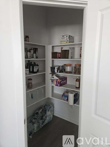 A pantry with white shelves and containers on them.