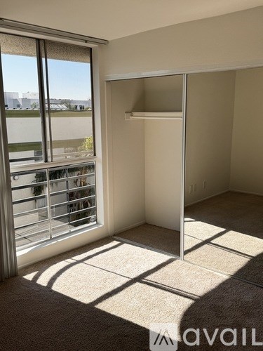 A room with a carpeted floor, a sliding glass door, and a white closet.