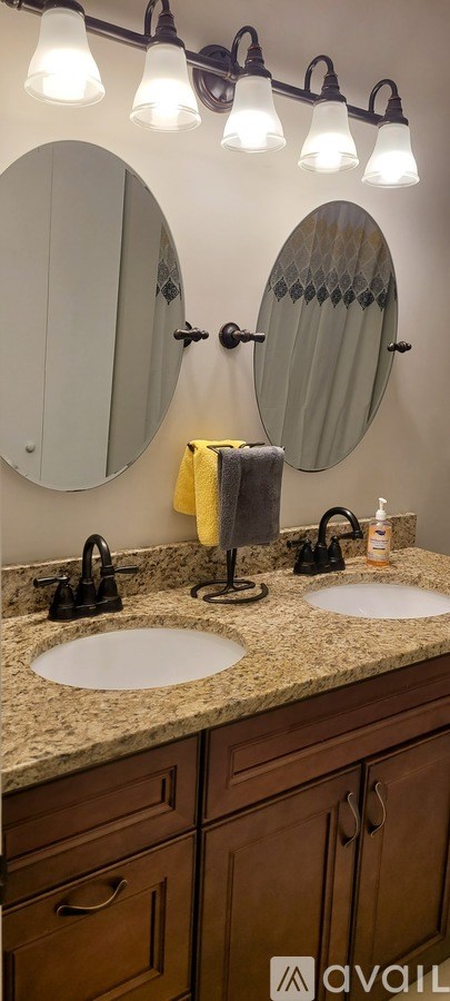 A bathroom with two sinks and a mirror above them.