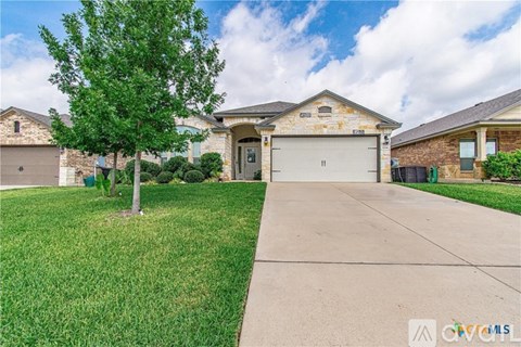 A house with a garage and a tree in front.