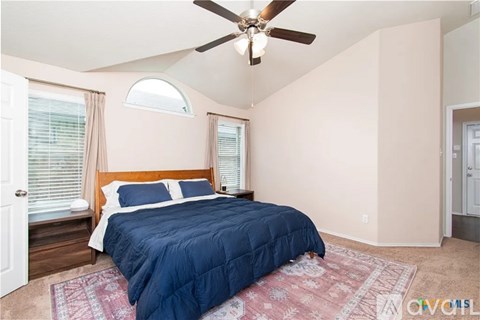 A bedroom with a bed, a ceiling fan, and a rug.
