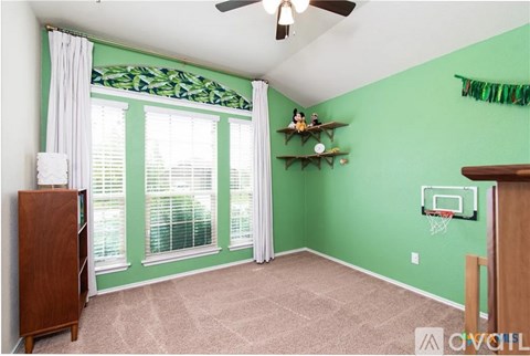 A room with green walls and a basketball hoop on the wall.