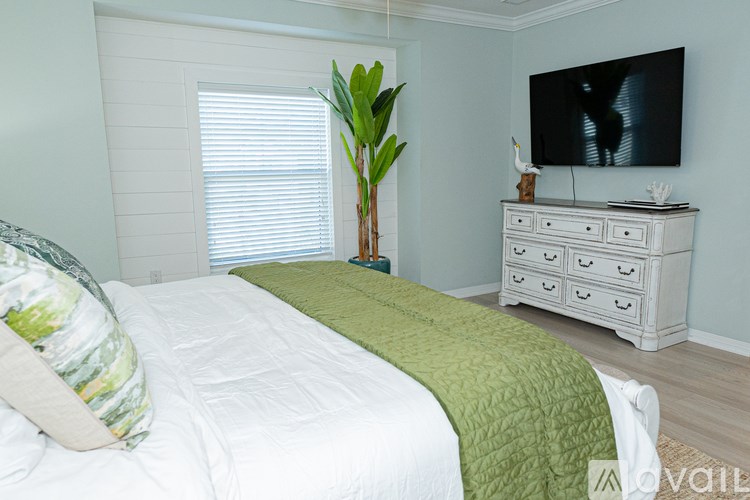 A bedroom with a large bed, a TV on the wall, and a plant on the bedside table.