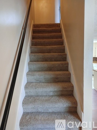 A staircase with a carpeted runner and a metal railing.