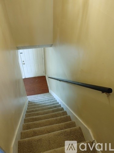 A staircase with beige carpeted steps and a black handrail.