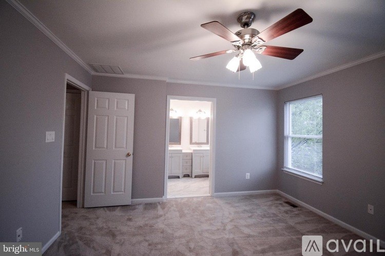 A room with a ceiling fan and carpeted floor.