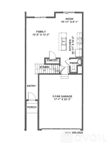 A floor plan of a house with a garage and a porch.