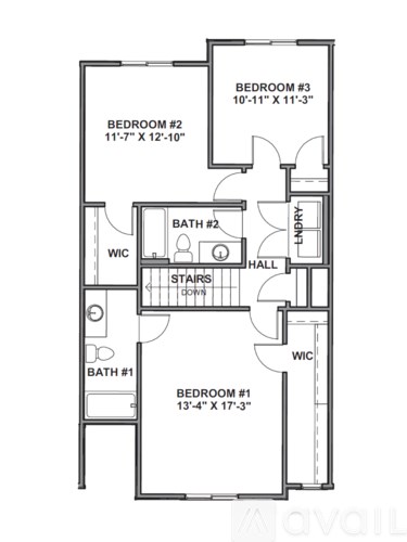 A floor plan of a home with three bedrooms and two bathrooms.