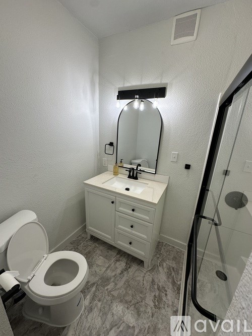 A bathroom with a toilet, sink, and mirror.