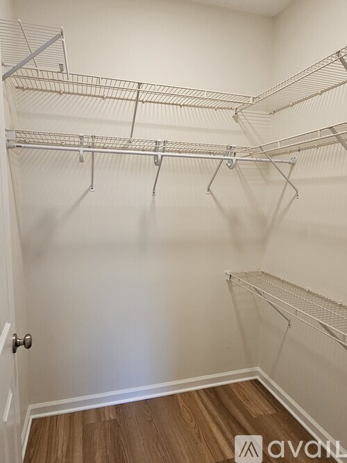Empty walk-in closet with shelves and a door.