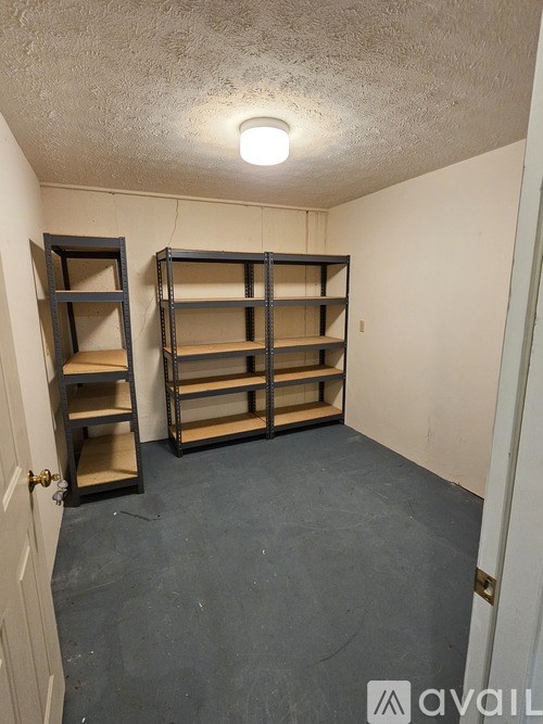 A room with two shelving units and a door.