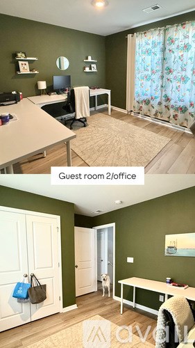 A guest room with a desk and a chair.