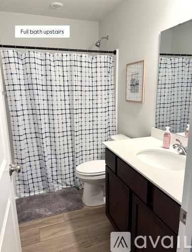 A bathroom with a white toilet, sink, and a shower curtain with a checkered pattern.