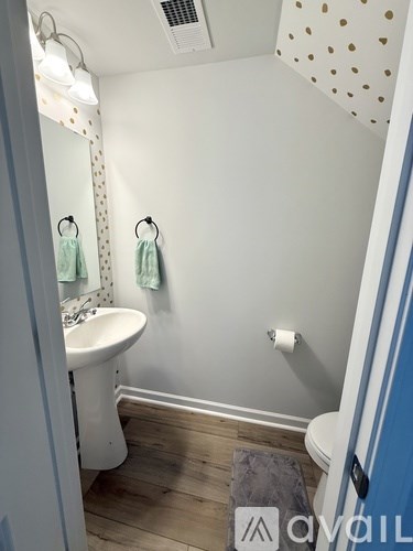 A small bathroom with a white pedestal sink and a wooden floor.