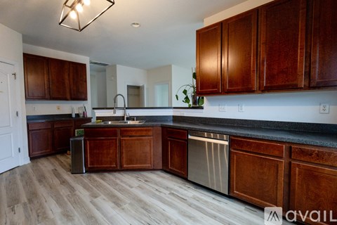 A kitchen with wooden cabinets and a stainless steel dishwasher.