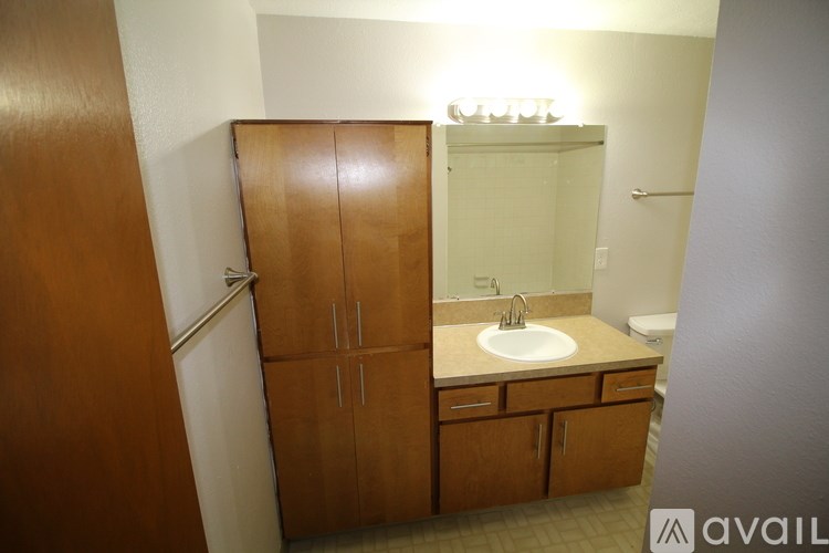 A bathroom with a sink, mirror, and wooden cabinets.