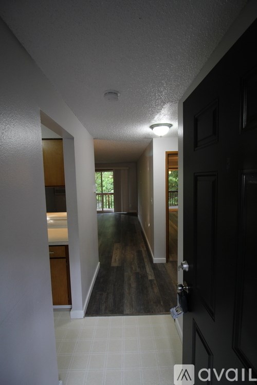 A hallway with a black door and a white wall.
