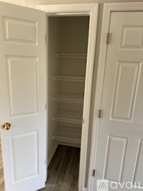 A white door is open to reveal a white pantry with shelves.