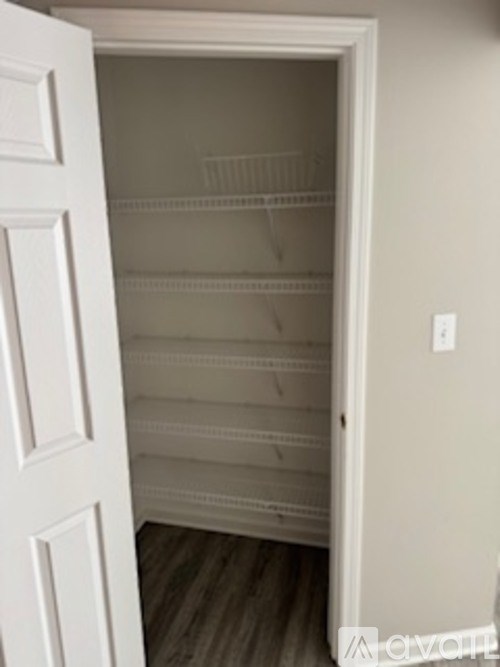 A white door is open to a white closet with shelves.