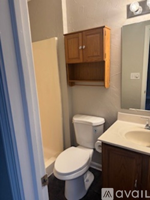 A bathroom with a toilet, sink, and cabinet.