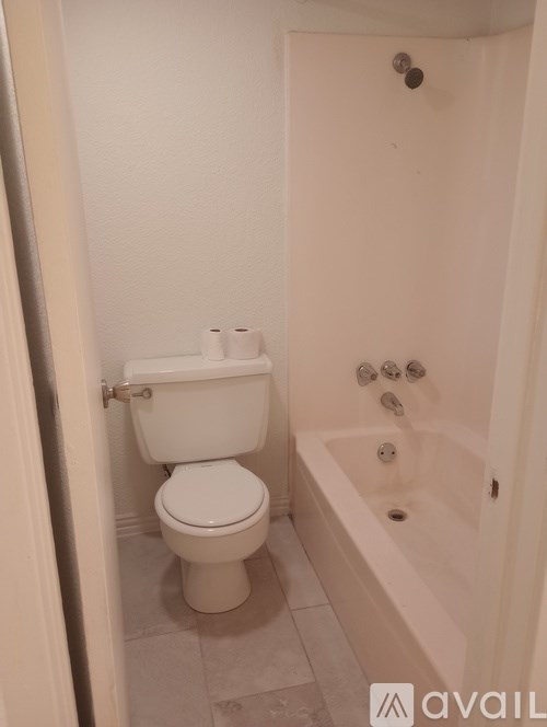 A white toilet is next to a bathtub in a bathroom.