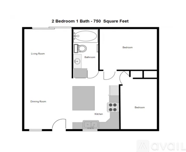A floor plan of a 2 bedroom apartment with 1 bathroom and a total area of 750 square feet.