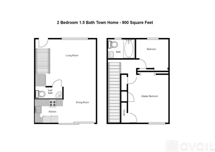 A floor plan of a 2 bedroom, 1.5 bath town home with a living room, dining room, kitchen, and two bedrooms, one of which is a master bedroom.