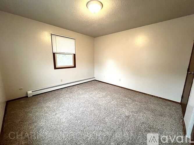 A room with a carpeted floor and a window with a white frame.