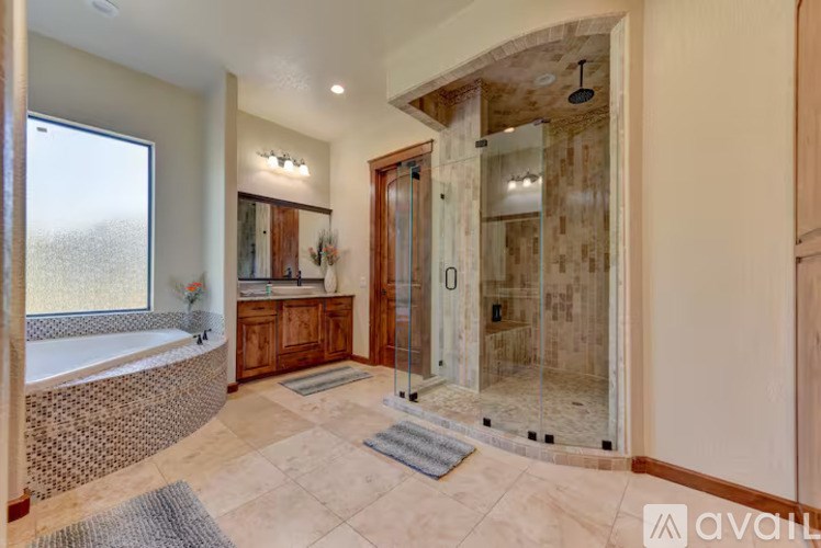 A bathroom with a walk-in shower and a bathtub.