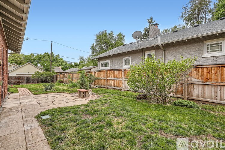 A backyard with a wooden fence and a small tree.