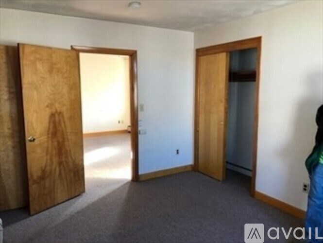 A room with two doors and a carpeted floor.