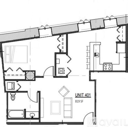 A floor plan of a unit with the label "UNIT 401" and "819 SF" indicating its size.